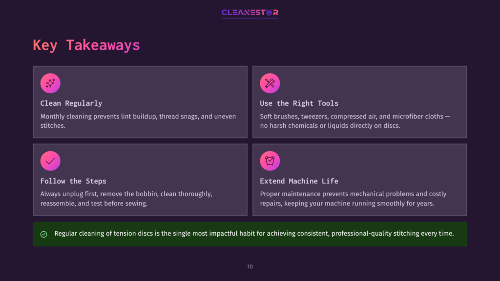 Key Takeaways Graphic: Clean Regularly, Use The Right Tools, Follow The Steps, Extend Machine Life. Text Highlights Monthly Cleaning, Using Brushes And Tweezers, Unplugging Before Cleaning, And Proper Maintenance For Machine Longevity.
