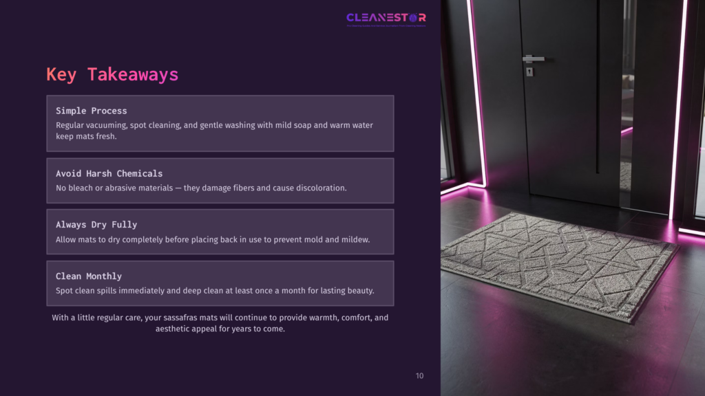 Cleanstar Logo And Text &Quot;Key Takeaways&Quot; On A Dark Background, Listing Mat Care Tips: Simple Process, Avoid Harsh Chemicals, Always Dry Fully, And Clean Monthly. A Doormat Is Visible In The Background.