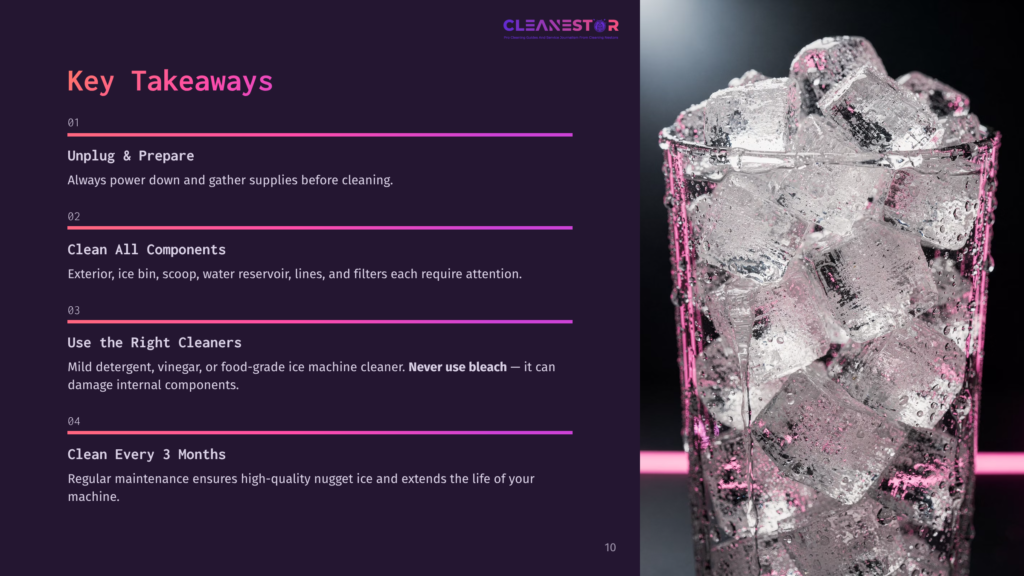 A Glass Filled With Nugget Ice And Water, Condensation Dripping Down The Sides, Illuminated By Pink And Purple Lighting.