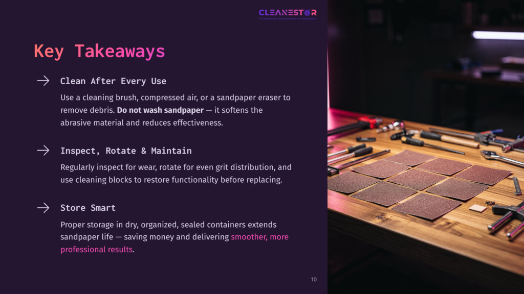 10 Key Takeaways 49 A Wooden Workbench Displays Several Squares Of Sandpaper, Arranged In A Grid Pattern, With Woodworking Tools Like Clamps And A Hammer Scattered Around. Text Overlay Includes &Quot;Key Takeaways&Quot; And Cleaning Tips.