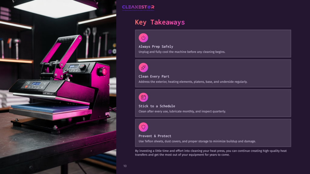 A Bright Pink Heat Press Machine Sits On A Dark Workbench, With Its Lid Open, Revealing The Platens. To The Right, A Graphic Displays &Quot;Key Takeaways&Quot; For Heat Press Maintenance, Including &Quot;Always Prep Safely,&Quot; &Quot;Clean Every Part,&Quot; &Quot;Stick To A Schedule,&Quot; And &Quot;Prevent &Amp; Protect.