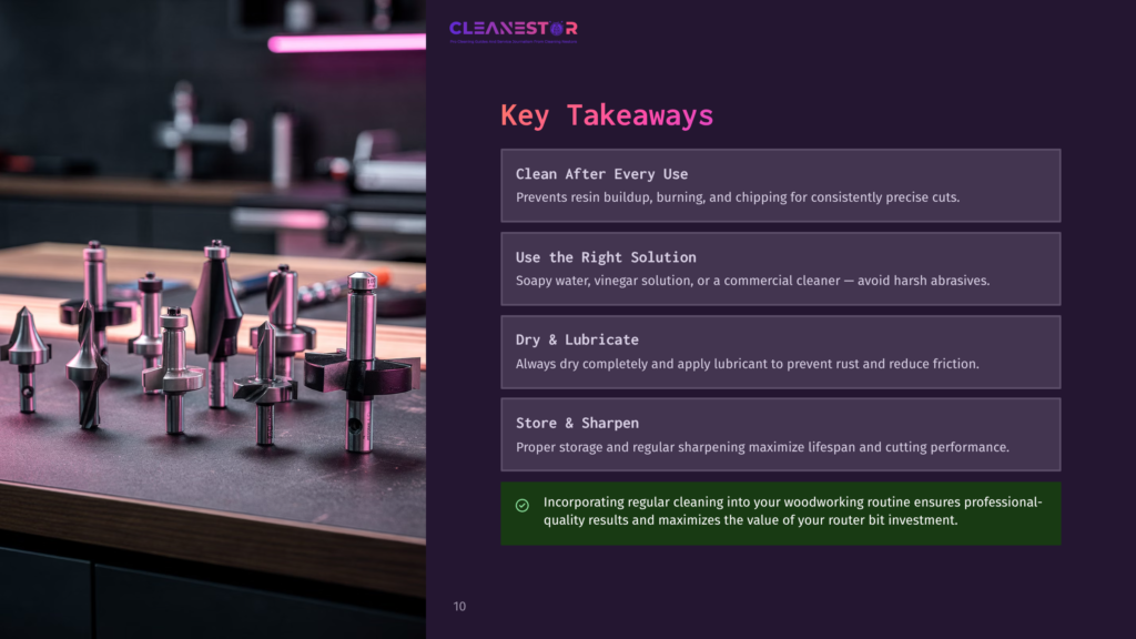 A Collection Of Sharp Router Bits And Cutting Tools Are Neatly Arranged On A Wooden Workbench, With The &Quot;Cleanestor&Quot; Logo And Key Takeaways For Router Bit Maintenance Visible In The Background.