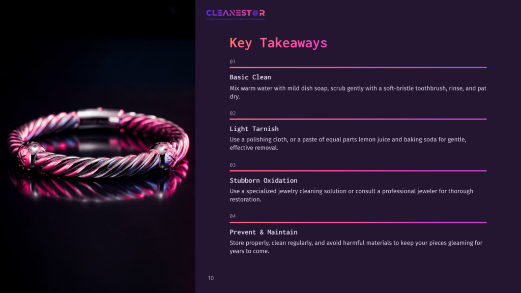 10 Key Takeaways 51 Close-Up Of A Twisted Silver Cable Bracelet On A Dark Purple Background, With Text Outlining Jewelry Cleaning Tips: Basic Clean, Light Tarnish, Stubborn Oxidation, And Prevent &Amp; Maintain.