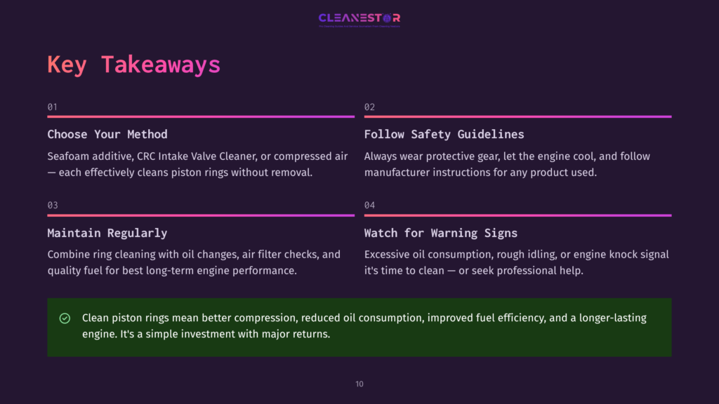 10 Key Takeaways 54 Key Takeaways From Cleanestor About Engine Cleaning: Choose Your Method, Follow Safety Guidelines, Maintain Regularly, And Watch For Warning Signs. Clean Piston Rings Mean Better Compression, Reduced Oil Consumption, And Improved Fuel Efficiency.