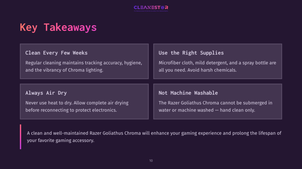 Key Takeaways For Cleaning Razer Goliathus Chroma: Clean Every Few Weeks, Use Microfiber Cloth And Mild Detergent, Always Air Dry, And Never Submerge In Water.