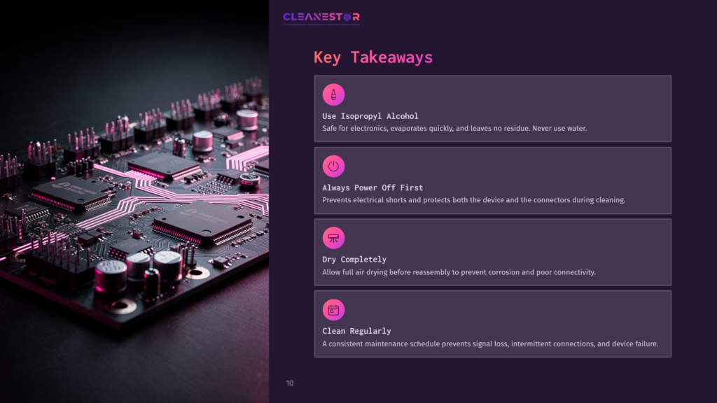 Close-Up Of A Complex Electronic Circuit Board With Intricate Pathways And Chips, Next To A Purple Slide With Key Takeaways For Cleaning Electronics: Use Isopropyl Alcohol, Always Power Off First, Dry Completely, And Clean Regularly.