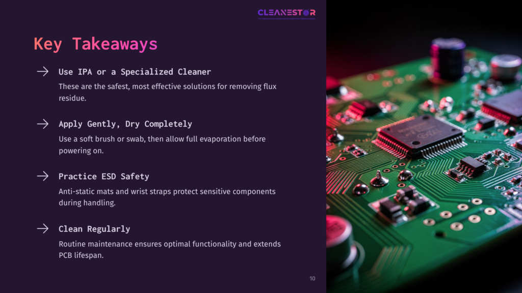 Close-Up Of A Green Circuit Board With Intricate Electronic Components And Copper Traces, Illuminated By Dramatic Red And Purple Lighting. Text Overlay: &Quot;Cleanestor&Quot; And &Quot;Key Takeaways&Quot; With Bullet Points On Cleaning And Handling Electronics.