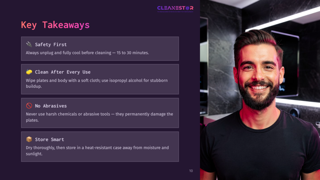 10 Key Takeaways 6 A Smiling Man With A Beard And Dark Hair Wears A Black T-Shirt. Behind Him, A Dark Background Features A Purple And White &Quot;Cleanestor&Quot; Logo And Cleaning Tips Text: &Quot;Key Takeaways,&Quot; &Quot;Safety First,&Quot; &Quot;Clean After Every Use,&Quot; &Quot;No Abrasives,&Quot; And &Quot;Store Smart.