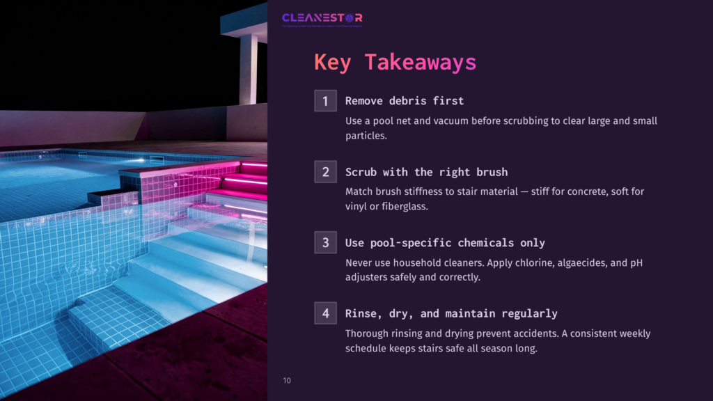 A Modern Swimming Pool At Night, Illuminated By Vibrant Pink And Blue Underwater Lights. The Clean Pool Water Reflects The Colorful Lights, Creating A Serene And Luxurious Atmosphere. The Image Also Features Text From A Presentation Slide With The Title &Quot;Cleanestor&Quot; And Four Key Takeaways For Pool Maintenance.