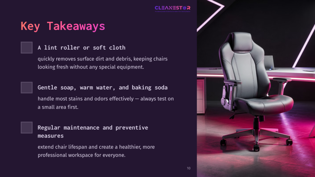 Key Takeaways For Cleaning And Maintaining A Gaming Chair: Use A Lint Roller Or Soft Cloth, Gentle Soap And Warm Water With Baking Soda, And Regular Maintenance For Extended Chair Lifespan.