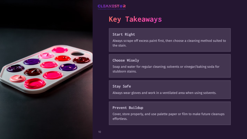 A Palette Of Colorful Paints In Shades Of Pink, Red, And Purple Sits On A Black Surface, Next To A Graphic With Key Takeaways About Cleaning Paint Stains.