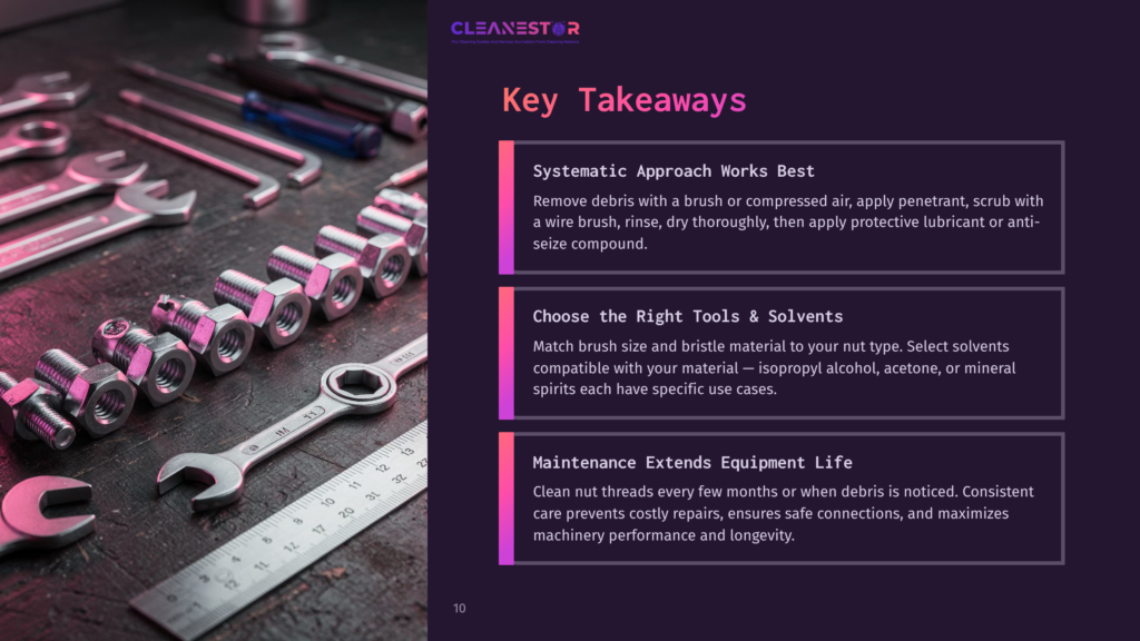 10 Key Takeaways 66 A Collection Of Tools, Including Wrenches, Nuts, And Bolts, Are Laid Out On A Dark Wooden Surface. The Image Features A &Quot;Cleanestor&Quot; Logo And Key Takeaways About Cleaning And Maintenance.