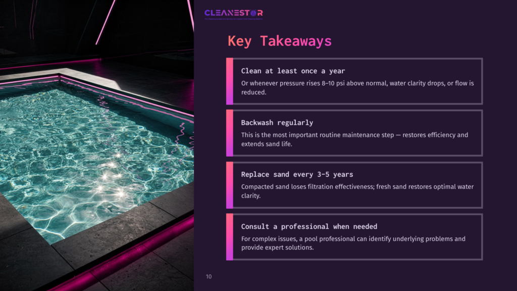 A Clean, Modern Swimming Pool At Night, Illuminated By Vibrant Pink And Purple Lights, Reflecting The Lights And The Dark Ceiling. The Image Also Displays Text With Pool Cleaning Tips: &Quot;Clean At Least Once A Year,&Quot; &Quot;Backwash Regularly,&Quot; &Quot;Replace Sand Every 3-5 Years,&Quot; And &Quot;Consult A Professional When Needed.