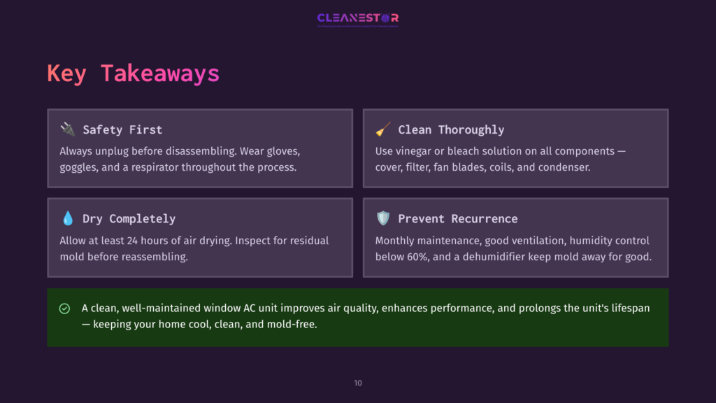 Infographic With &Quot;Key Takeaways&Quot; From Cleanestor, Detailing Safety, Thorough Cleaning, Drying, And Prevention Of Recurrence For Window Ac Units.