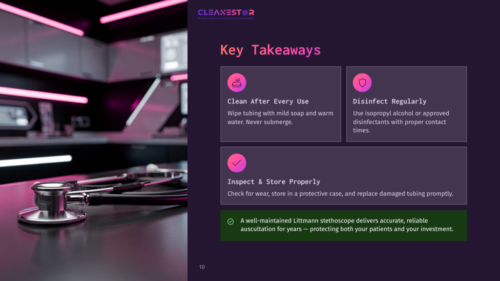 A Close-Up Of A Littmann Stethoscope On A Dark, Reflective Surface, With A Blurred Background Of A Modern, Sterile Medical Lab With Neon Lighting. Key Takeaways From Cleanestor About Stethoscope Care Are Displayed On The Right.