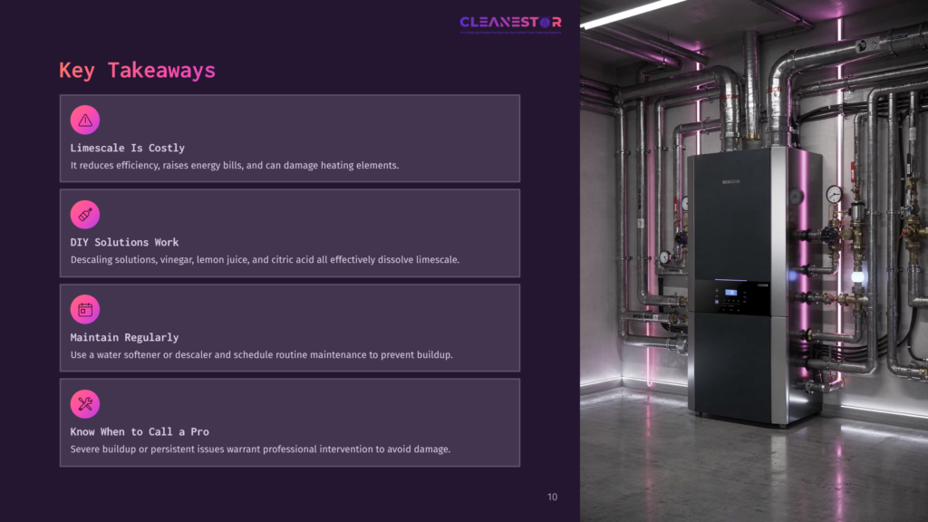 Key Takeaways From Cleanestor: Limscale Is Costly, Diy Solutions Work, Maintain Regularly, And Know When To Call A Pro. A Modern, Black Boiler System Is Shown With Pipes And Gauges.