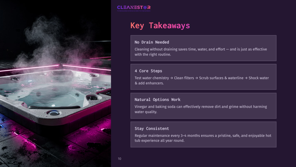 10 Key Takeaways 72 A Steamy, Luxurious Hot Tub Glows With Pink And Blue Lights At Night, Showcasing The &Quot;Cleanestor&Quot; Logo And Key Takeaways About Hot Tub Maintenance.