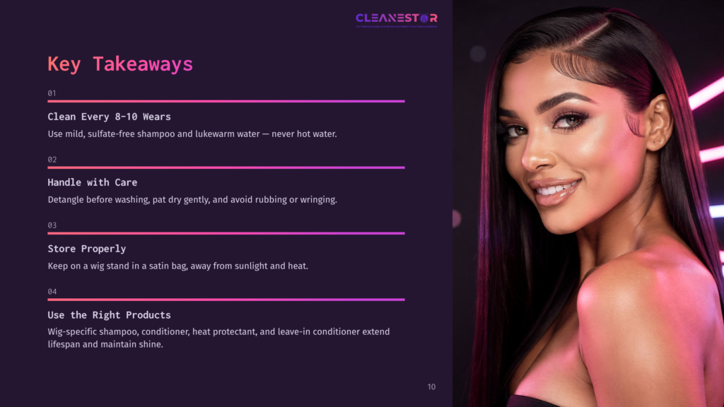A Woman With Long, Dark, Wavy Hair Smiles Confidently, With Text Overlay Listing &Quot;Key Takeaways&Quot; And Care Instructions For Hair Products From Cleanestar.