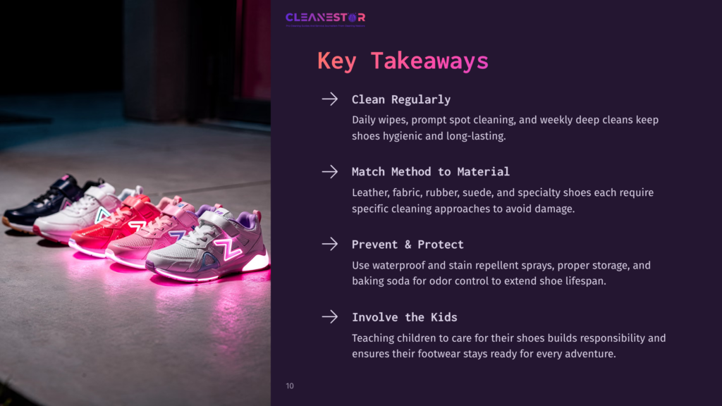 Four Colorful Children'S Sneakers, Including Pink And Gray, With Glowing Neon Lights, Sit On A Dark Reflective Surface. The Image Is From A Presentation Slide With The Title &Quot;Key Takeaways&Quot; And Bullet Points About Shoe Cleaning.