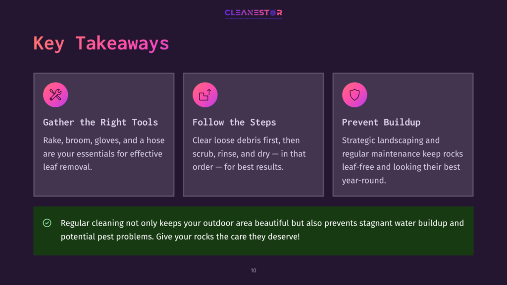 A Dark Background With A Purple Gradient Features Three Key Takeaway Cards For Outdoor Cleaning. The Cards Are Titled &Quot;Gather The Right Tools,&Quot; &Quot;Follow The Steps,&Quot; And &Quot;Prevent Buildup,&Quot; With Icons And Descriptive Text. Below The Cards, A Green Bar Highlights The Importance Of Regular Outdoor Cleaning.