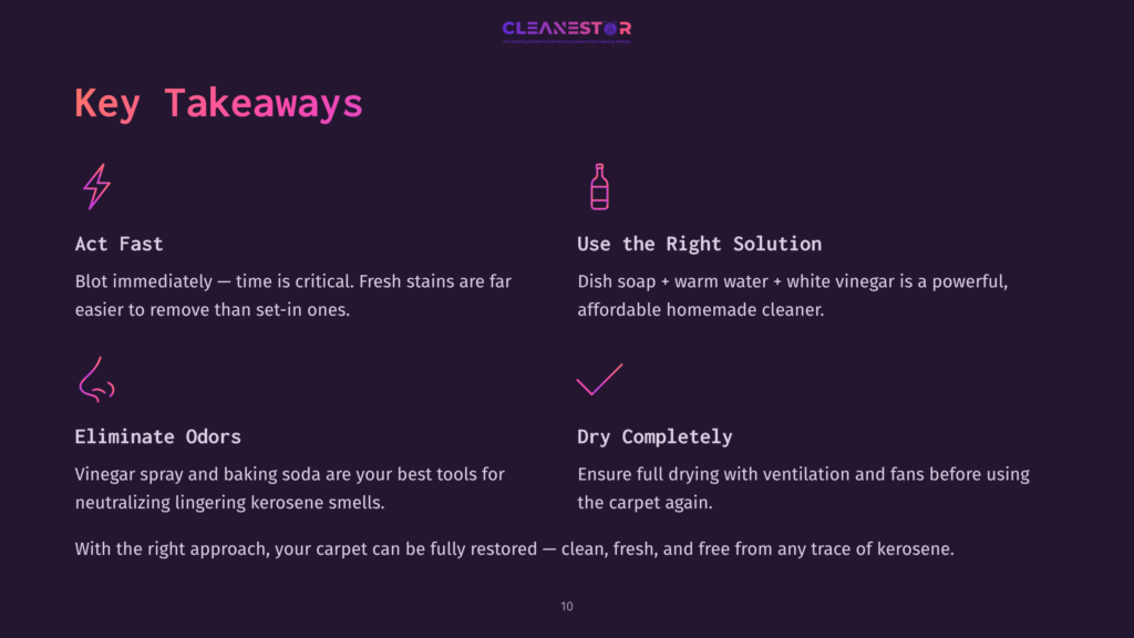 10 Key Takeaways 79 Cleanestor Logo And Key Takeaways For Carpet Cleaning: Act Fast To Blot Stains, Use A Vinegar And Baking Soda Solution To Eliminate Odors, Use The Right Solution For Cleaning, And Dry Completely With Ventilation.