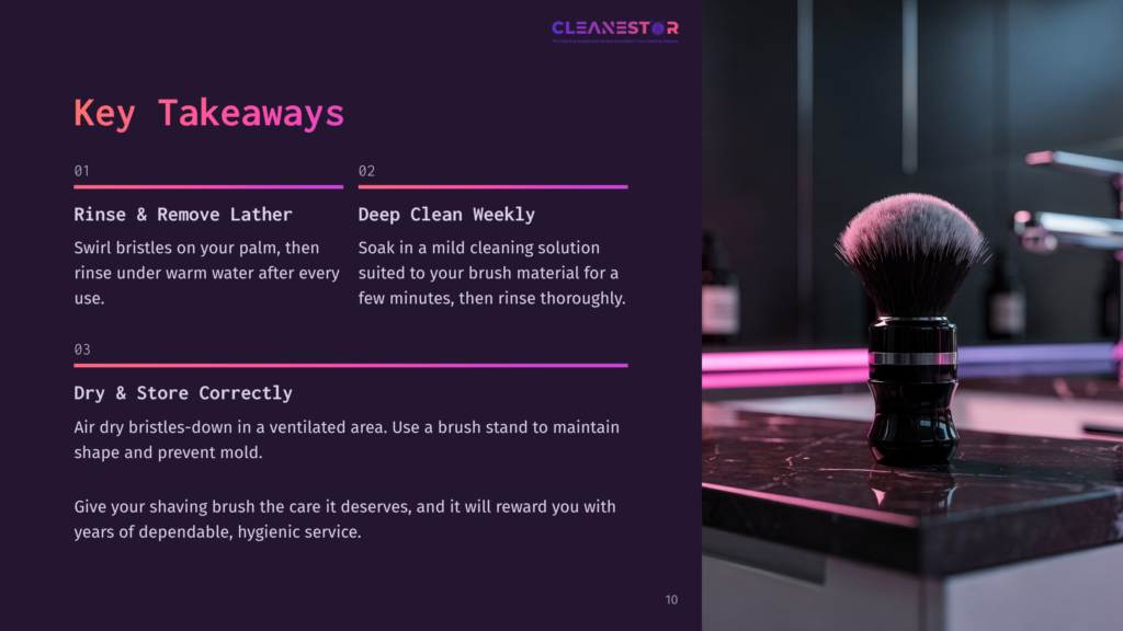 10 Key Takeaways 8 A Luxurious Shaving Brush With A Black And White Badger Hair Knot And A Black Handle Rests On A Dark Marble Countertop, Illuminated By Soft Pink And Purple Lights. The Image Features Text From Cleanestar: &Quot;Key Takeaways&Quot; And &Quot;Rinse &Amp; Remove Lather,&Quot; &Quot;Deep Clean Weekly,&Quot; And &Quot;Dry &Amp; Store Correctly.