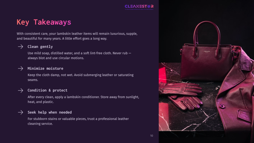 A Luxurious Burgundy Leather Jacket And Matching Handbag Sit On A Dark, Reflective Surface, With A Pair Of Leather Gloves Nearby. The Cleanestar Logo Is Visible In The Top Right Corner.