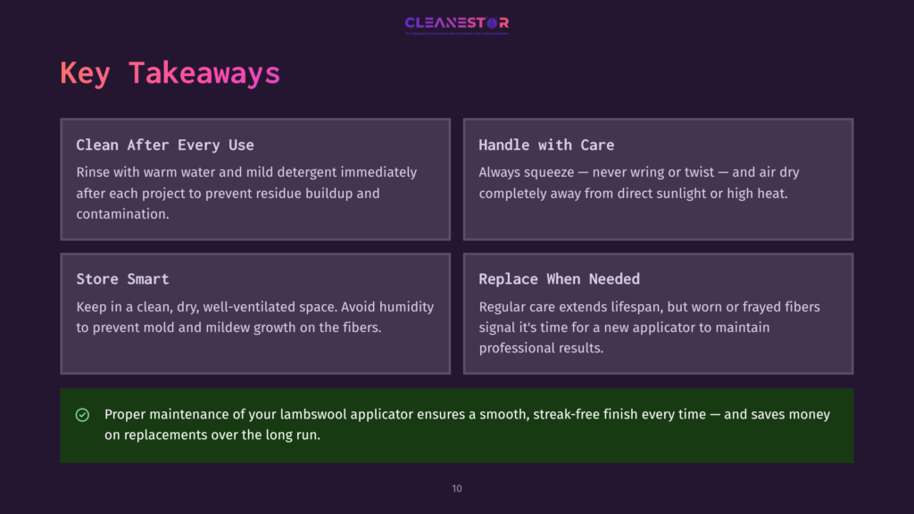 Key Takeaways For Cleanestor Lambswool Applicators: Clean After Every Use, Handle With Care, Store Smart, Replace When Needed. Proper Maintenance Ensures Smooth, Streak-Free Finish.