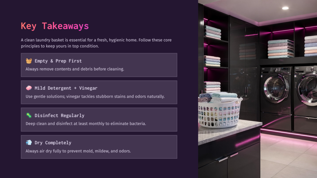 10 Key Takeaways 84 A Modern Laundry Room With Sleek Black Appliances, Neon Pink Lighting, And A White Laundry Basket Filled With Colorful Clothes. Key Takeaways About Cleaning Laundry Baskets Are Displayed On The Left.