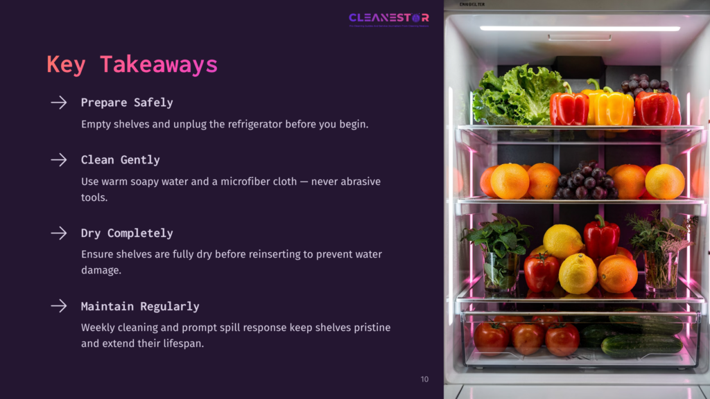 10 Key Takeaways 88 An Open, Brightly Lit Refrigerator Stocked With Fresh Produce, Including Red And Yellow Bell Peppers, Lettuce, Tomatoes, Cucumbers, And Grapes. Text Overlays Highlight Key Takeaways For Cleaning And Maintaining A Refrigerator.