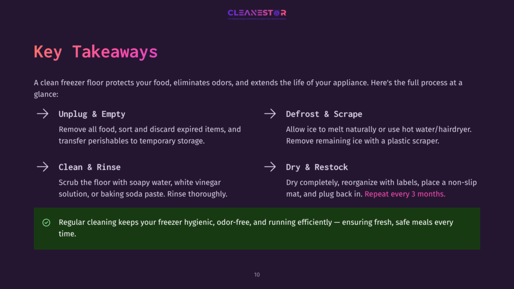 10 Key Takeaways 89 Infographic Titled &Quot;Cleanestor&Quot; Detailing Key Takeaways For Cleaning A Freezer: Unplug &Amp; Empty, Defrost &Amp; Scrape, Clean &Amp; Rinse, Dry &Amp; Restock. Includes Tips For Proper Food Storage And Cleaning Solutions.