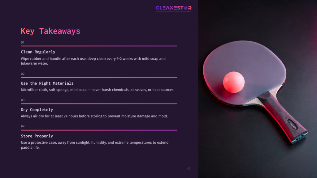 A Close-Up Shot Of A Ping Pong Paddle With A Red Ball Resting On Its Surface, Set Against A Dark, Moody Background. The Paddle Has A Wooden Handle And A Black Rubber Surface, With The Brand &Quot;Cleanestor&Quot; Visible On The Text Overlay.