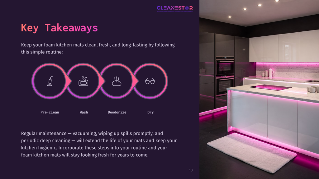 10 Key Takeaways 90 Cleanestar Logo And Kitchen Mat Cleaning Steps: Pre-Clean, Wash, Deodorize, Dry. Modern Kitchen With Pink Led Lights.