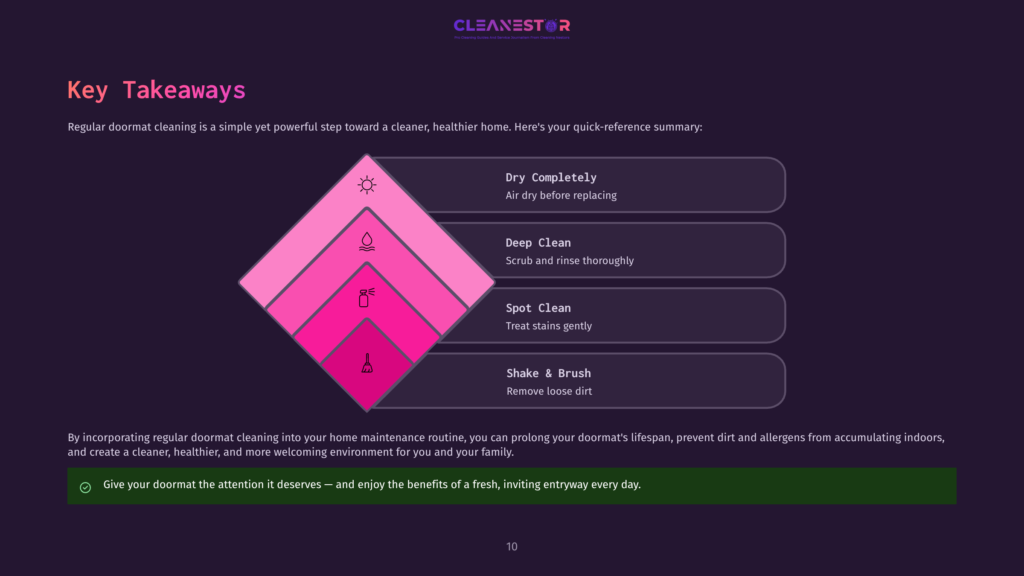10 Key Takeaways 93 Infographic Detailing Doormat Cleaning Steps: Shake &Amp; Brush, Spot Clean, Deep Clean, And Dry Completely, With A Pink Diamond Graphic And Cleanestor Logo.