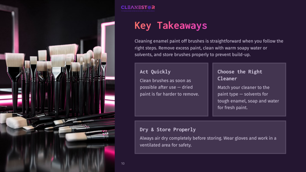 10 Key Takeaways 95 A Collection Of Clean Paint Brushes With White Bristles And Wooden Handles, Neatly Arranged On A Dark Surface. Text Overlay Reads &Quot;Cleanestor&Quot; And &Quot;Key Takeaways&Quot; With Cleaning Tips.