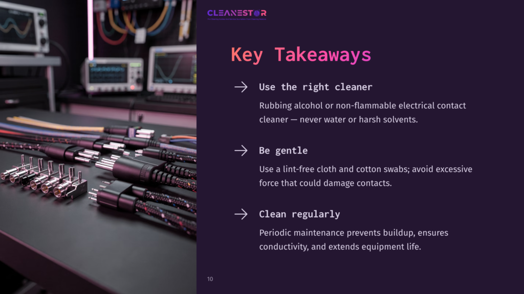 Cleanestor Logo And Key Takeaways For Cleaning Electronics: Use The Right Cleaner, Be Gentle, And Clean Regularly. The Image Shows A Close-Up Of Various Electronic Cables And Connectors.