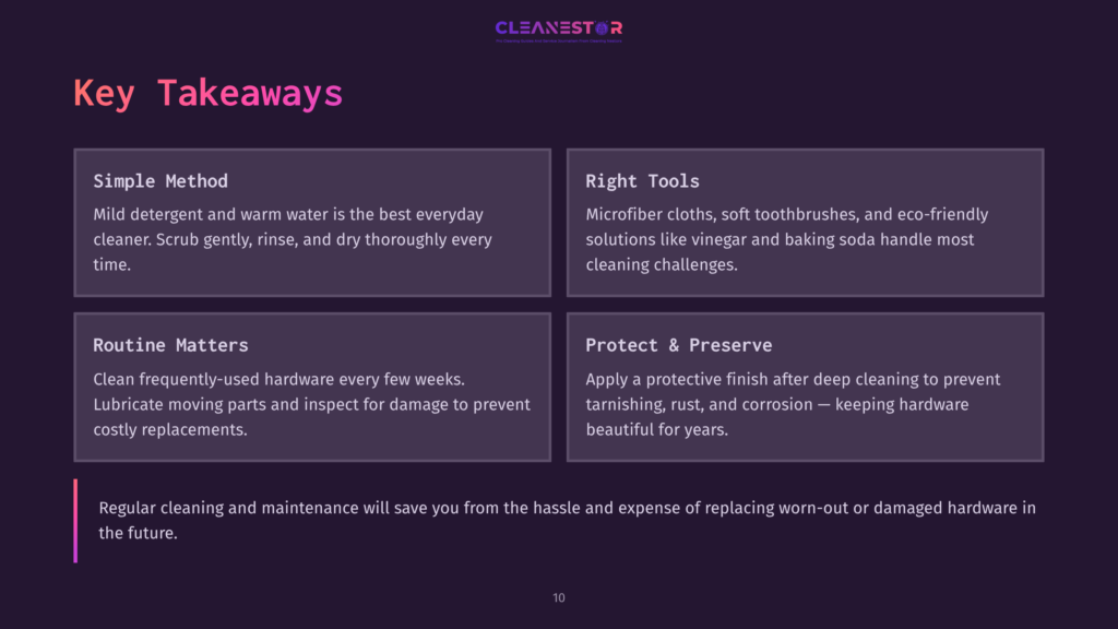 10 Key Takeaways 98 Cleanestor Logo Above &Quot;Key Takeaways&Quot; Text. Four Cards Detail Cleaning Tips: &Quot;Simple Method,&Quot; &Quot;Routine Matters,&Quot; &Quot;Right Tools,&Quot; And &Quot;Protect &Amp; Preserve.