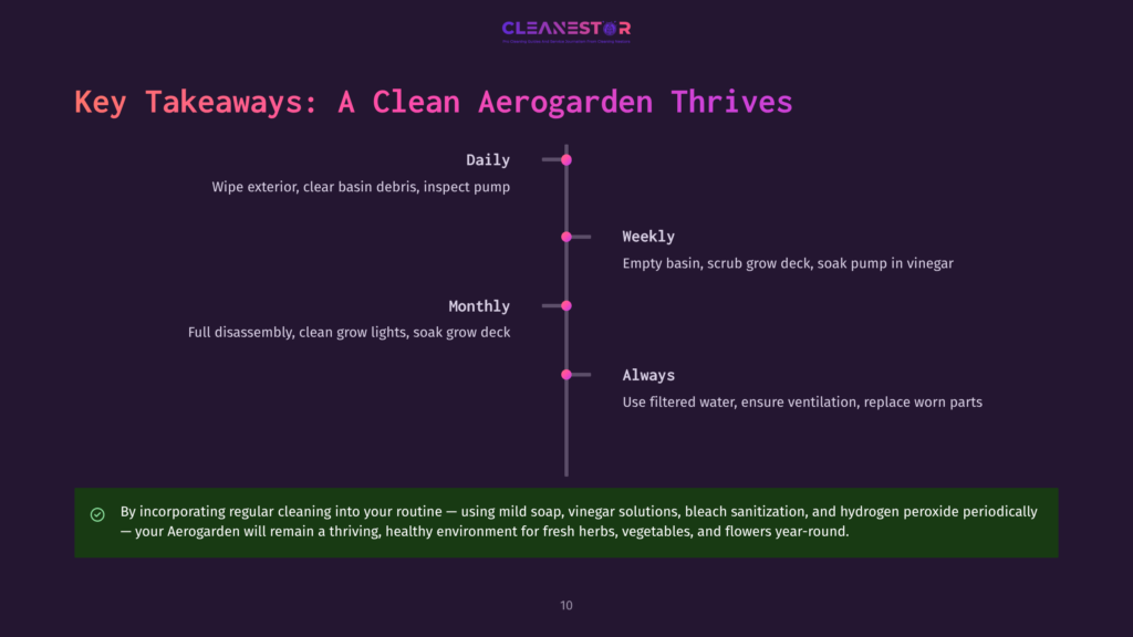 Key Takeaways: A Clean Aerogarden Thrives, With A Timeline Of Daily, Weekly, And Monthly Cleaning Tasks, And An &Quot;Always&Quot; Section For Filter Maintenance.