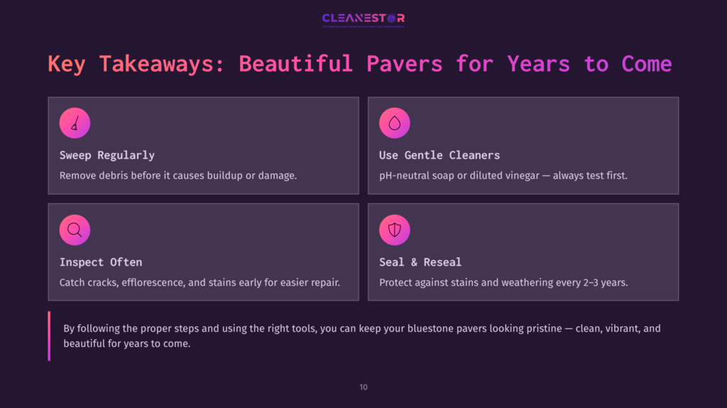 Infographic Titled &Quot;Key Takeaways: Beautiful Pavers For Years To Come&Quot; With Four Sections: Sweep Regularly, Use Gentle Cleaners, Inspect Often, And Seal &Amp; Reseal, Offering Advice On Paver Maintenance.