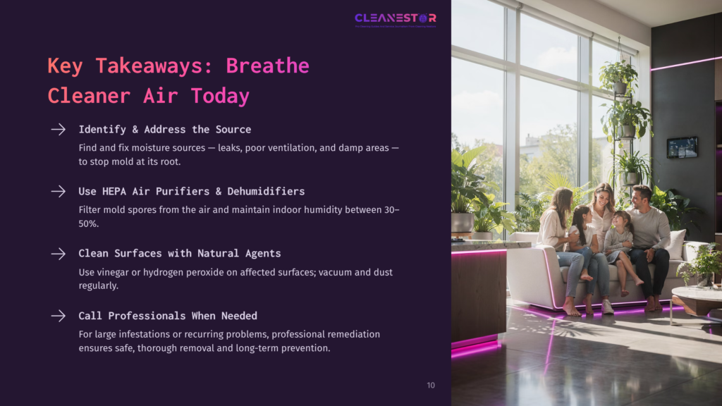 A Family Relaxes In A Modern Living Room With Abundant Natural Light And Lush Indoor Plants, Featuring The Cleanestor Logo And Text About Breathing Cleaner Air.