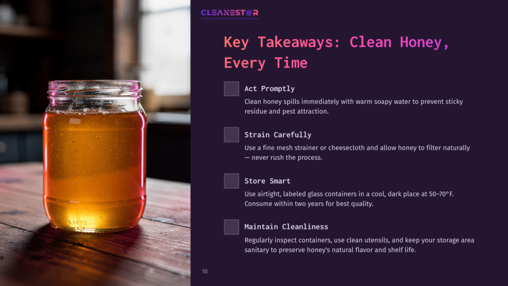 A Close-Up Of A Glass Jar Filled With Golden Honey, With A Dark, Blurred Background. The Jar Has Text On It. The Image Is Accompanied By Text About Cleaning And Storing Honey.