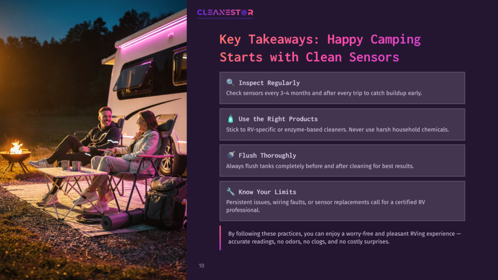 A Couple Enjoys A Campfire Outside Their Rv At Dusk, With The Text &Quot;Cleanestor&Quot; And &Quot;Key Takeaways: Happy Camping Starts With Clean Sensors&Quot; Visible.