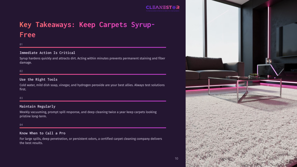 A Modern Living Room With A Plush White Carpet, A Dark Leather Sofa, And A Large Television. Text Overlay Reads &Quot;Cleanestar&Quot; And &Quot;Key Takeaways: Keep Carpets Syrup-Free&Quot;.