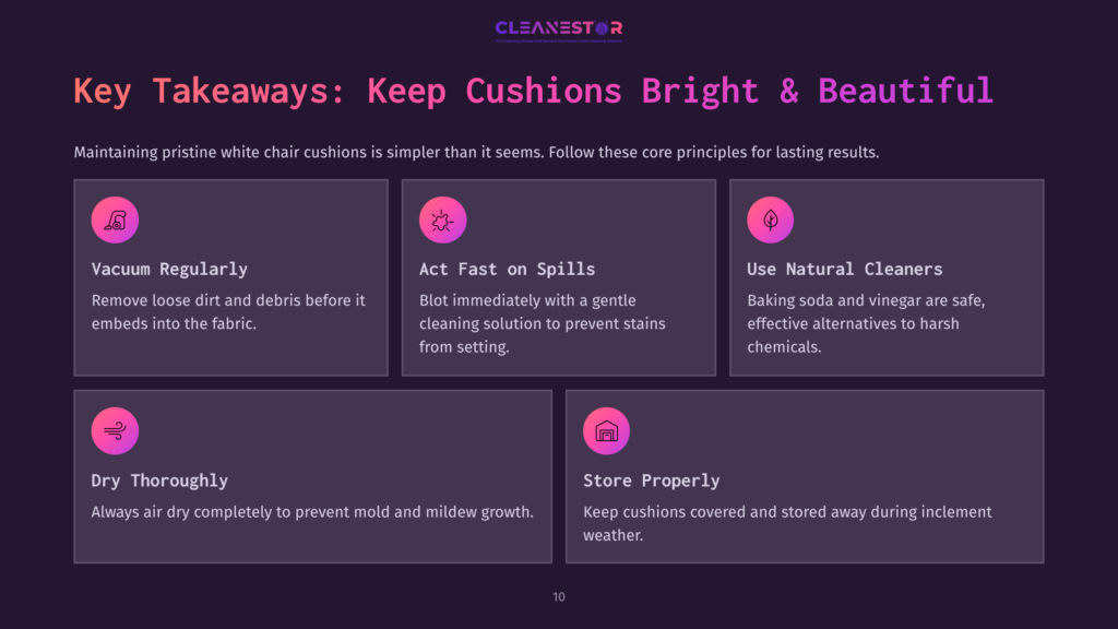 10 Key Takeaways Keep Cushions Bright And Beautiful Infographic Titled &Quot;Key Takeaways: Keep Cushions Bright &Amp; Beautiful&Quot; From Cleanestor, Outlining Five Core Principles For Maintaining White Chair Cushions: Vacuum Regularly, Act Fast On Spills, Use Natural Cleaners, Dry Thoroughly, And Store Properly.
