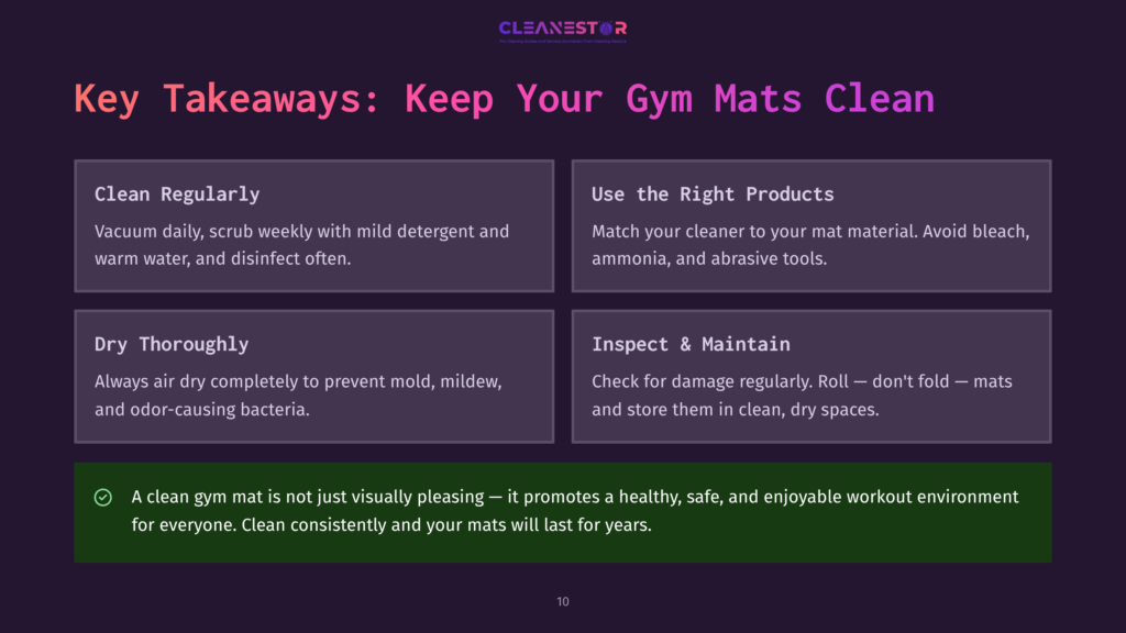 10 Key Takeaways Keep Your Gym Mats Clean Presentation Slide Titled &Quot;Key Takeaways: Keep Your Gym Mats Clean&Quot; With Four Points: Clean Regularly, Use The Right Products, Dry Thoroughly, And Inspect &Amp; Maintain. A Green Checkmark At The Bottom States &Quot;A Clean Gym Mat Is Not Just Visually Pleasing - It Promotes A Healthy, Safe, And Enjoyable Workout Environment For Everyone. Clean Consistently And Your Mats Will Last For Years.