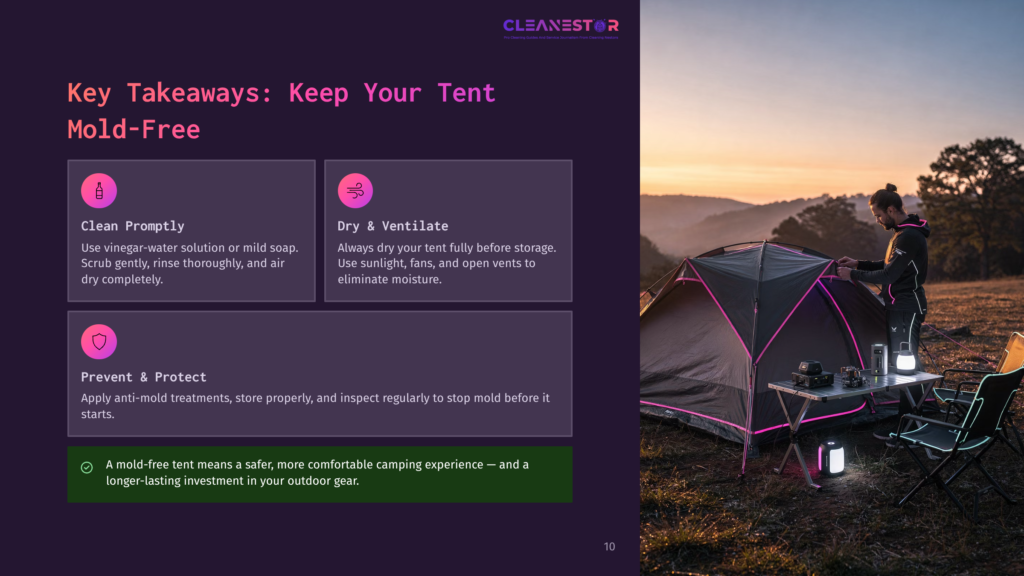 A Person Sets Up A Tent At Sunset, With Key Takeaways For Keeping Tents Mold-Free Displayed On The Left: Clean Promptly, Dry &Amp; Ventilate, And Prevent &Amp; Protect.