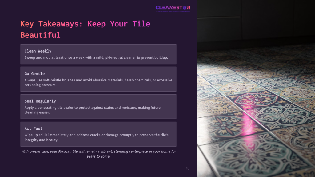 Close-Up Of Colorful, Patterned Mexican Tiles With A Bright Pink Light Reflecting Across Them. Text Overlay Reads: &Quot;Key Takeaways: Keep Your Tile Beautiful&Quot; And Lists Cleaning Tips.