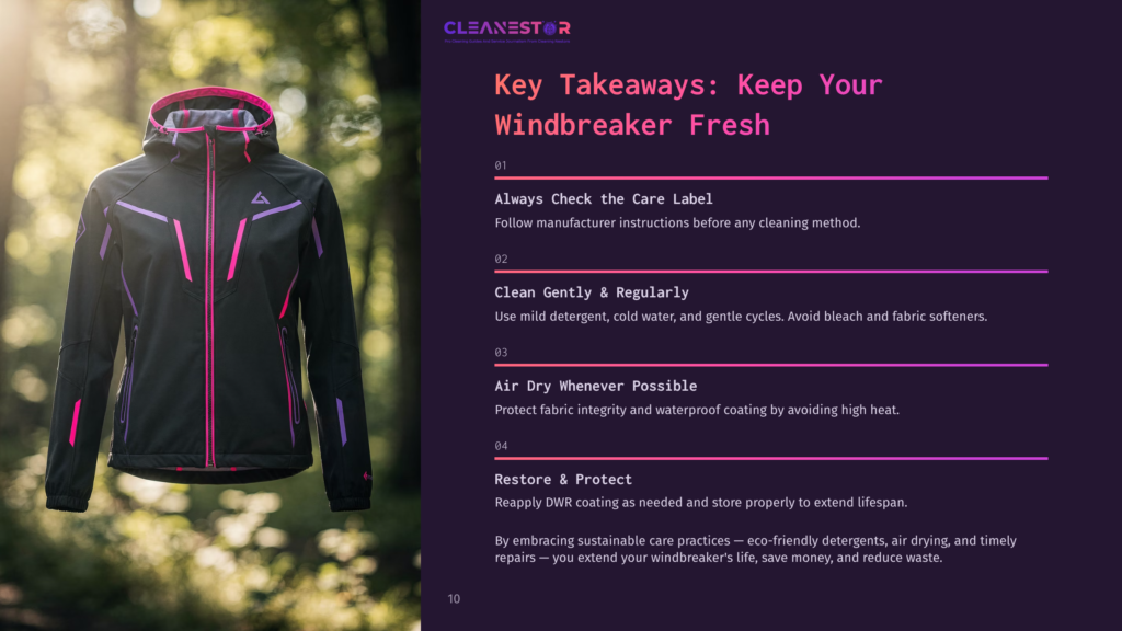 A Black And Pink Windbreaker Jacket Hangs On A Hanger Against A Dark, Blurred Background. Text On The Right Side Of The Image Provides Cleaning Tips For Windbreakers, With The Title &Quot;Cleanestor&Quot; At The Top.