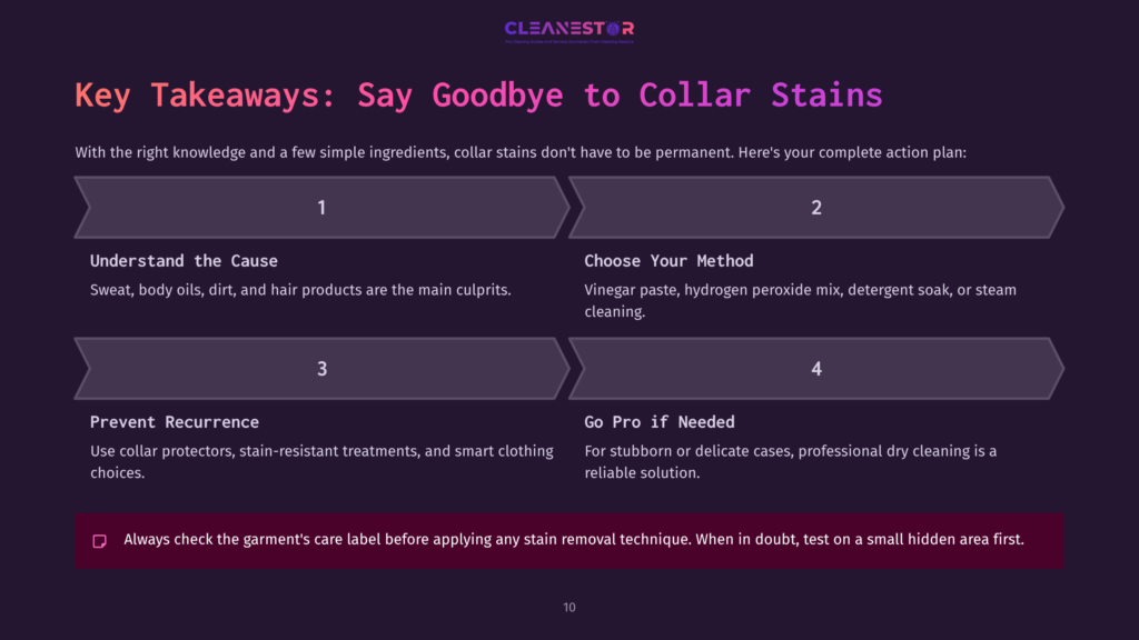 Infographic Titled &Quot;Key Takeaways: Say Goodbye To Collar Stains&Quot; With 4 Steps: Understand The Cause, Choose Your Method, Prevent Recurrence, And Go Pro If Needed. The Background Is A Dark Purple Gradient With A Light Purple Border.