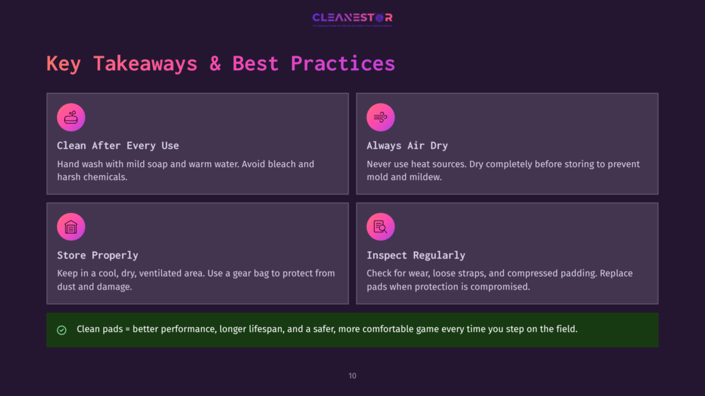 10 Key Takeaways And Best Practices 1 Key Takeaways And Best Practices For Cleaning And Maintaining Pads: Clean After Every Use, Always Air Dry, Store Properly, And Inspect Regularly. Clean Pads Equal Better Performance, Longer Lifespan, And More Comfortable Game Time.